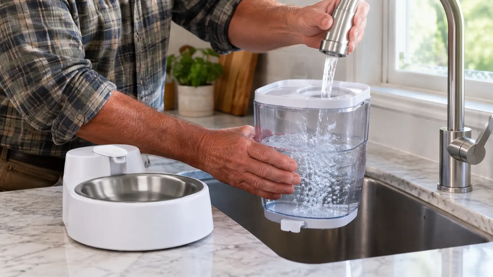 A hand filling the top tank of a gravity water dispenser at a kitchen sink