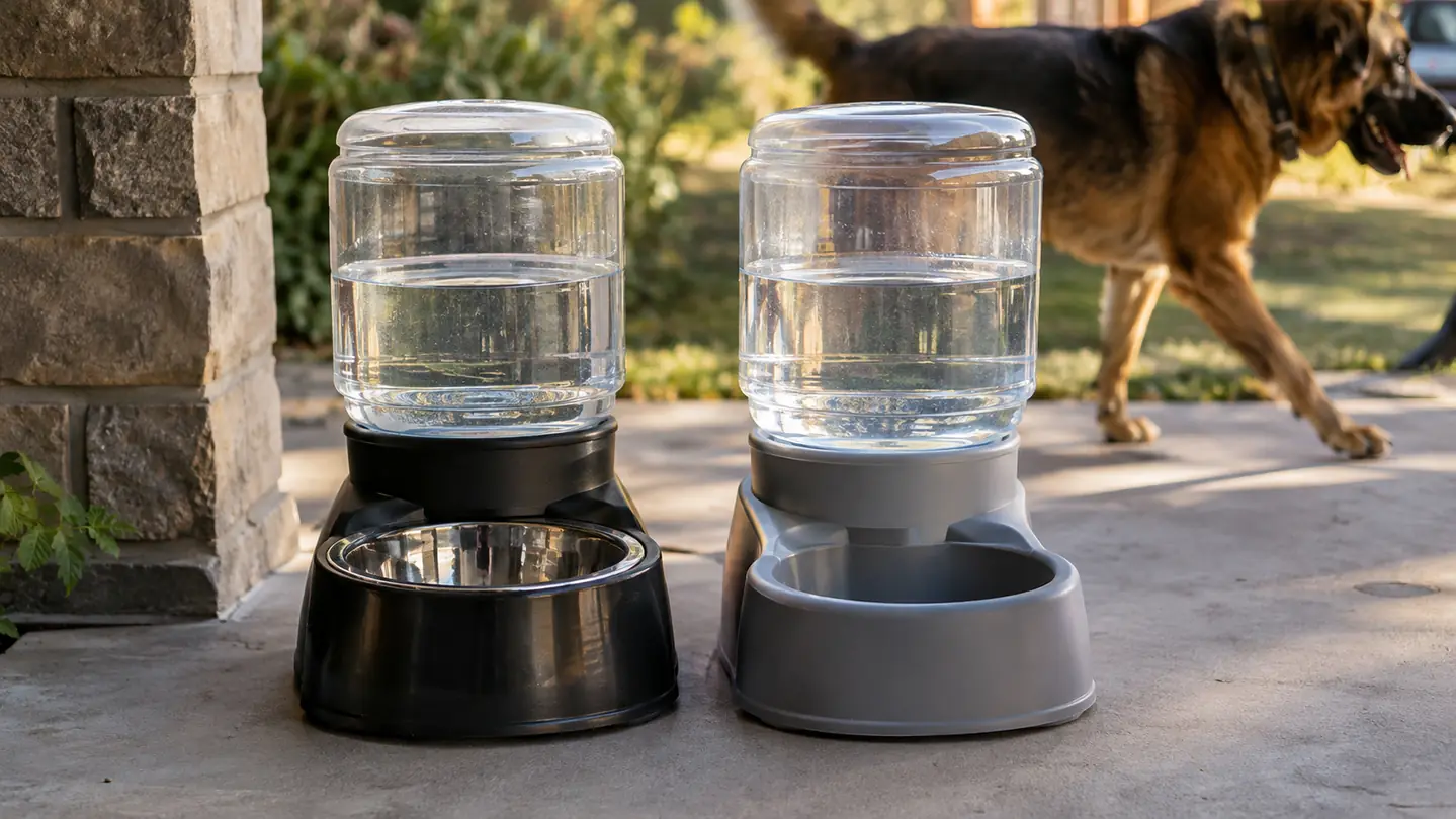 Two gravity water dispensers side by side on a porch floor, one with a metal bowl and one with a plastic bowl