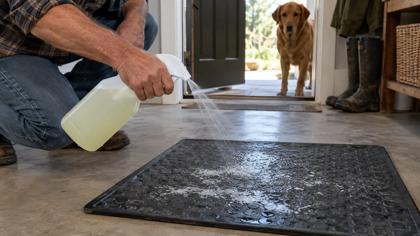 A hand spraying an enzyme cleaner onto a kennel mat while a dog watches from the doorway
