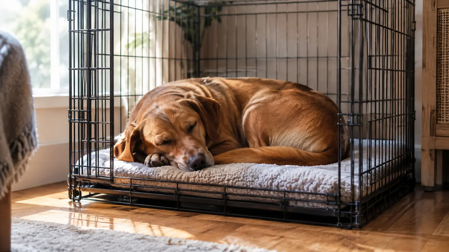 A clean kennel crate with a fresh mat and a dog curled up inside