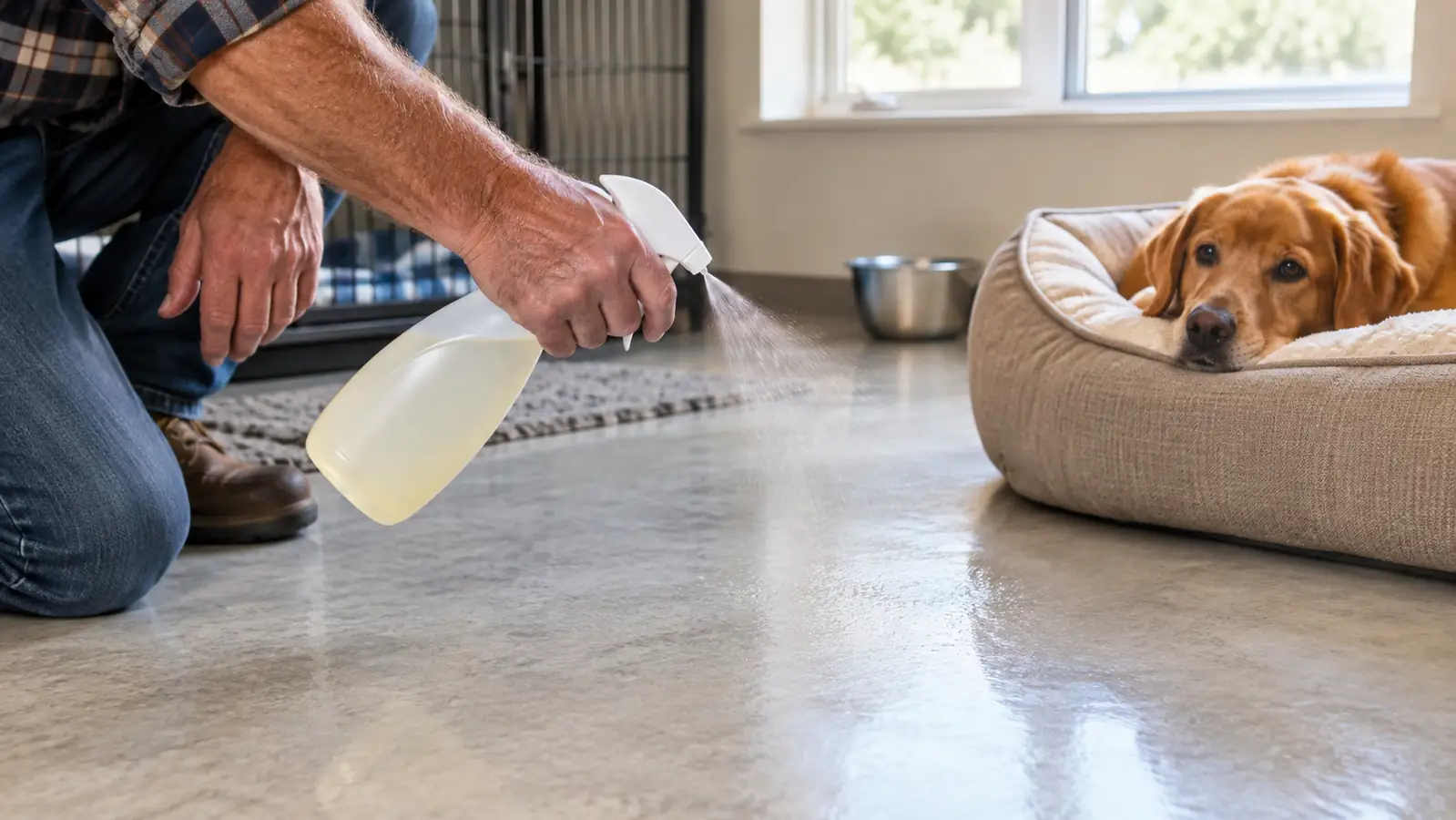 A hand spraying an enzyme cleaner onto a light-colored linoleum floor beside a dog bed