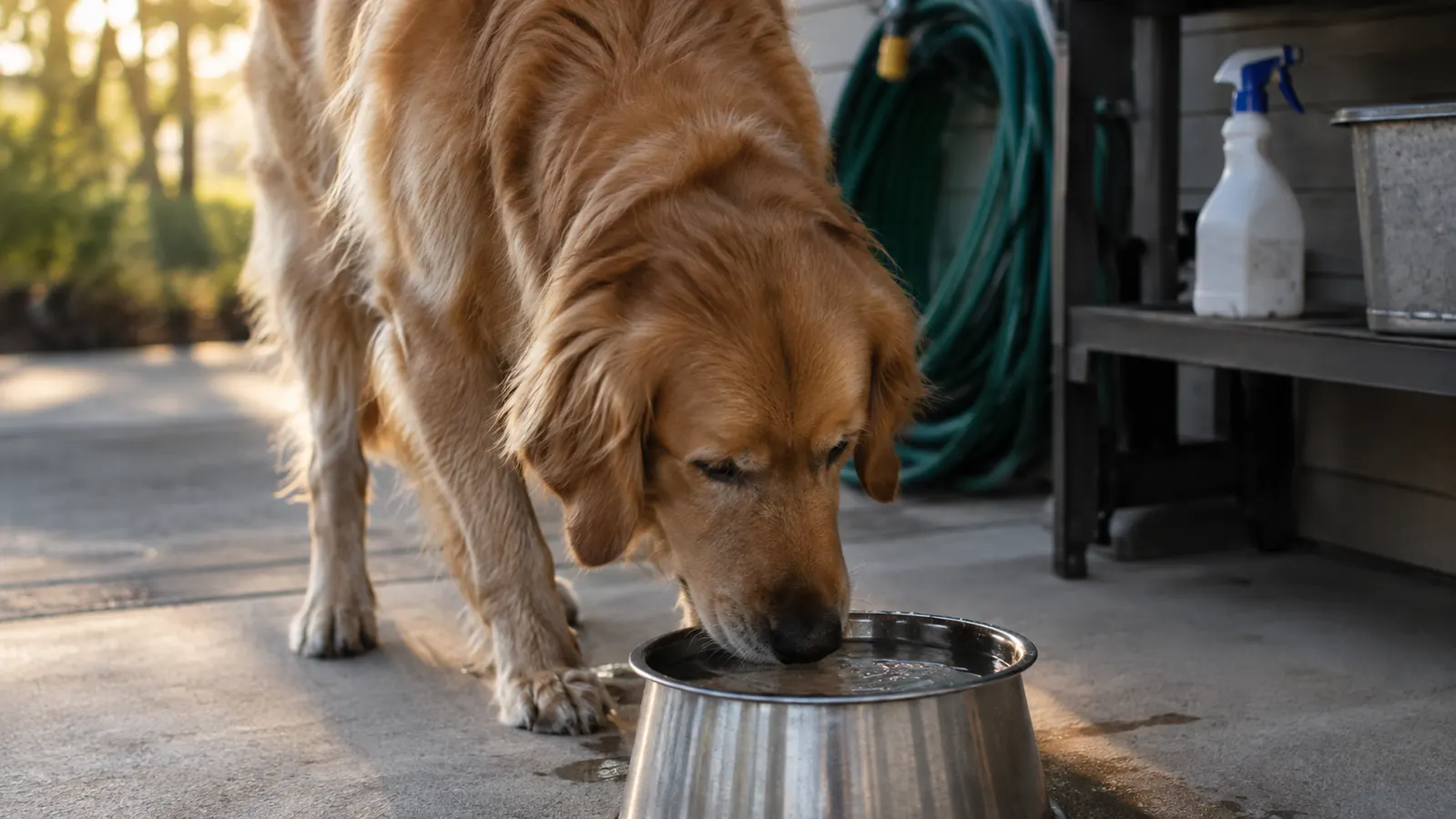 A calm scene of a dog drinking from a stainless steel bowl on a porch with a hose and cleaning supplies nearby