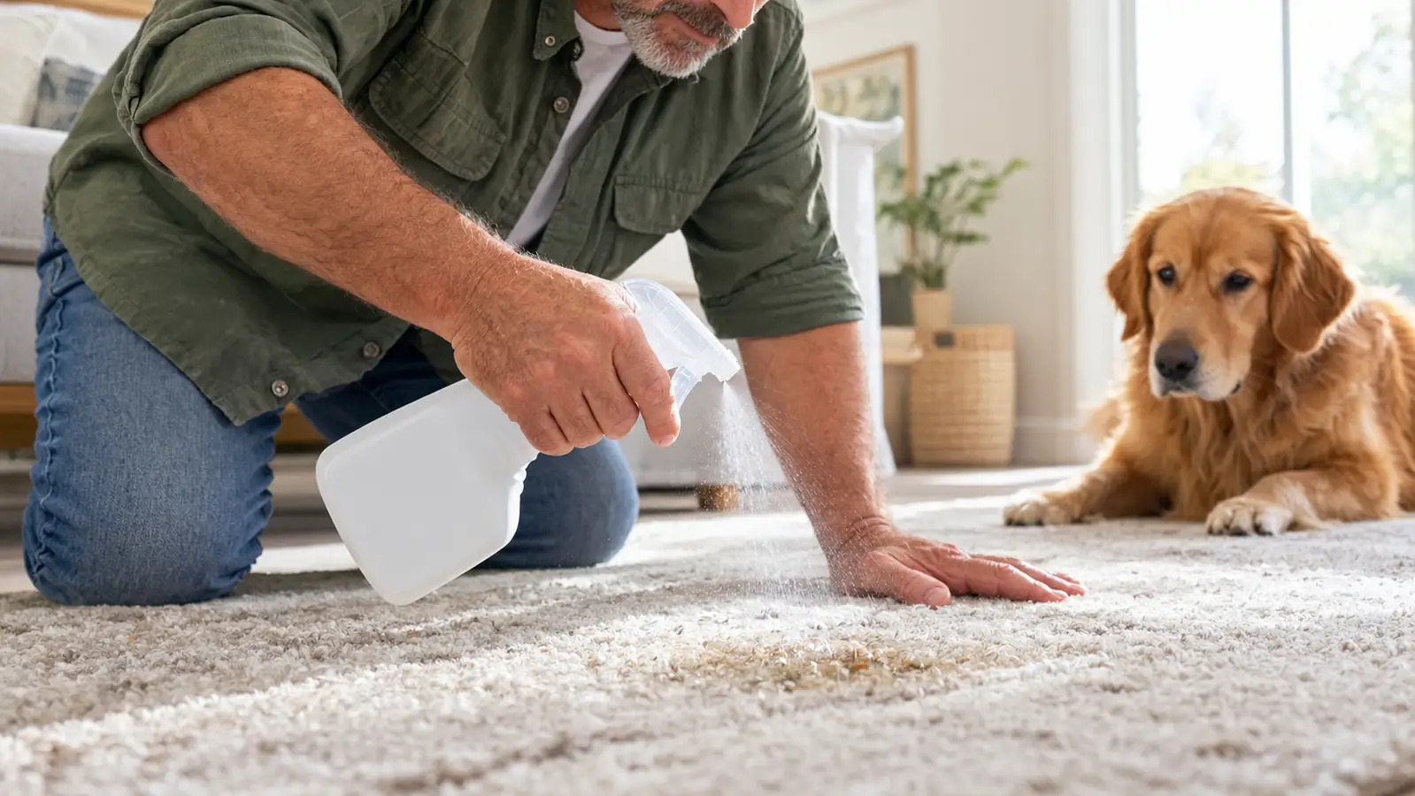 A hand spraying an enzyme cleaner onto a light-colored rug while a dog watches from a few feet away