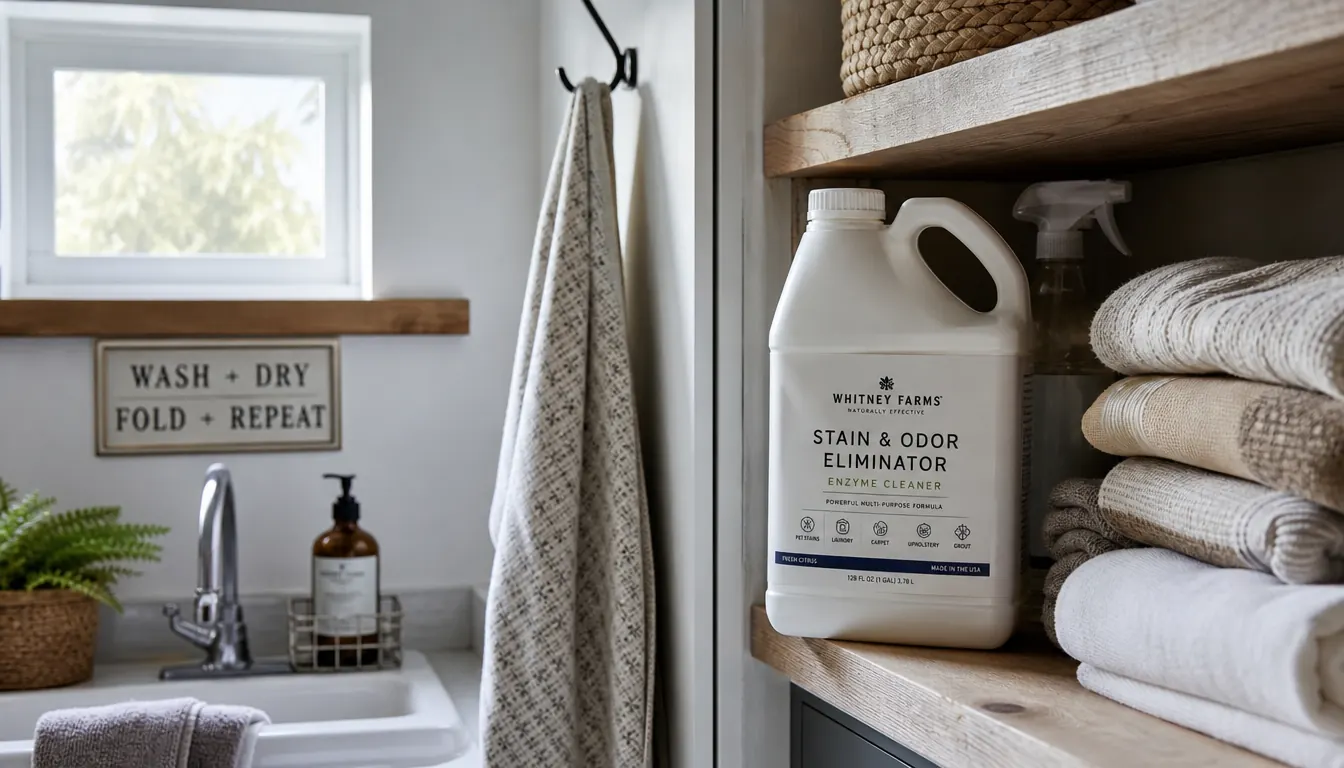 A mudroom shelf holding a large jug of enzyme cleaner beside folded towels and a spray bottle