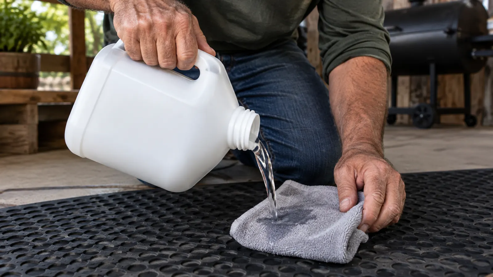 A hand pouring an enzyme cleaner from a gallon jug onto a damp cloth on a rubber mat