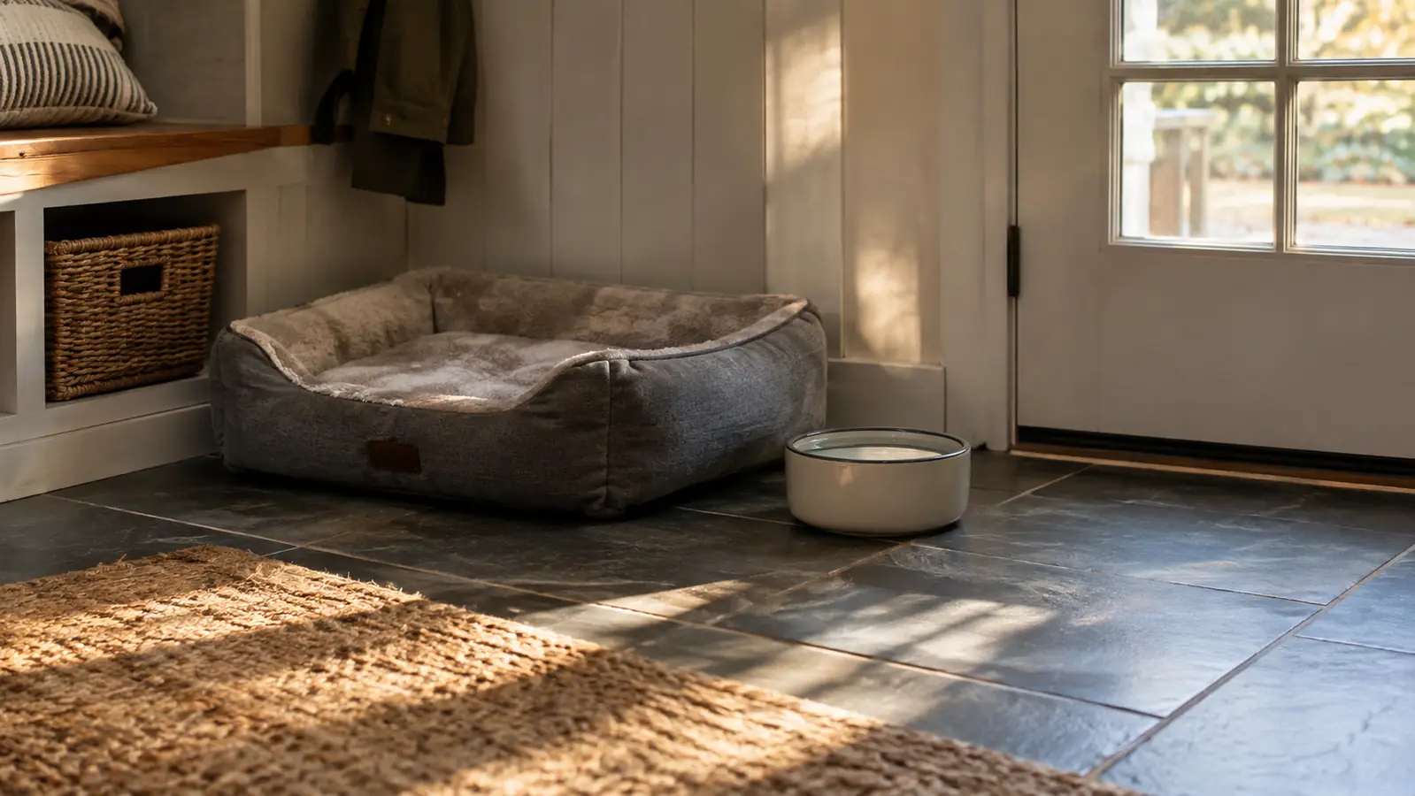 A clean mudroom floor with a dog bed and a water bowl, late afternoon light